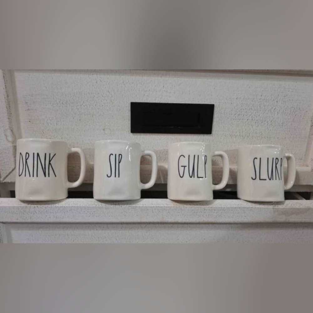 Rae Dunn White Ceramic Mugs Set - Drink, Sip, Gulp, Slurp